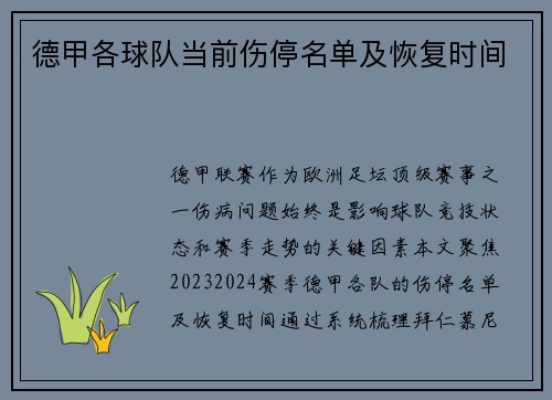 德甲各球队当前伤停名单及恢复时间